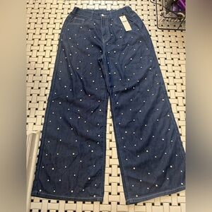 Wide-Leg Denim Jeans with Pearl Accents